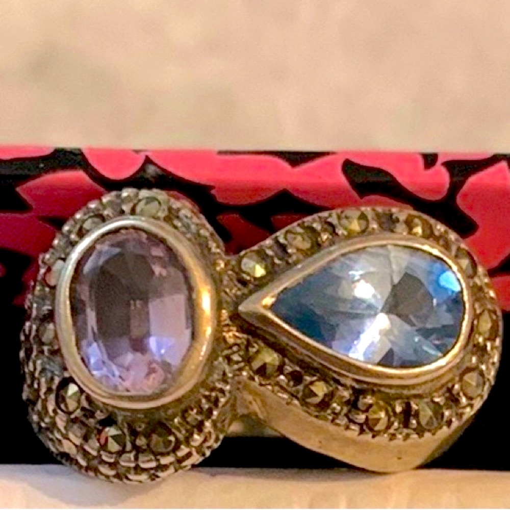 ESTATE MARCASITE STERLING 925  RING with oval Amethyst & pear Blue Turquoise